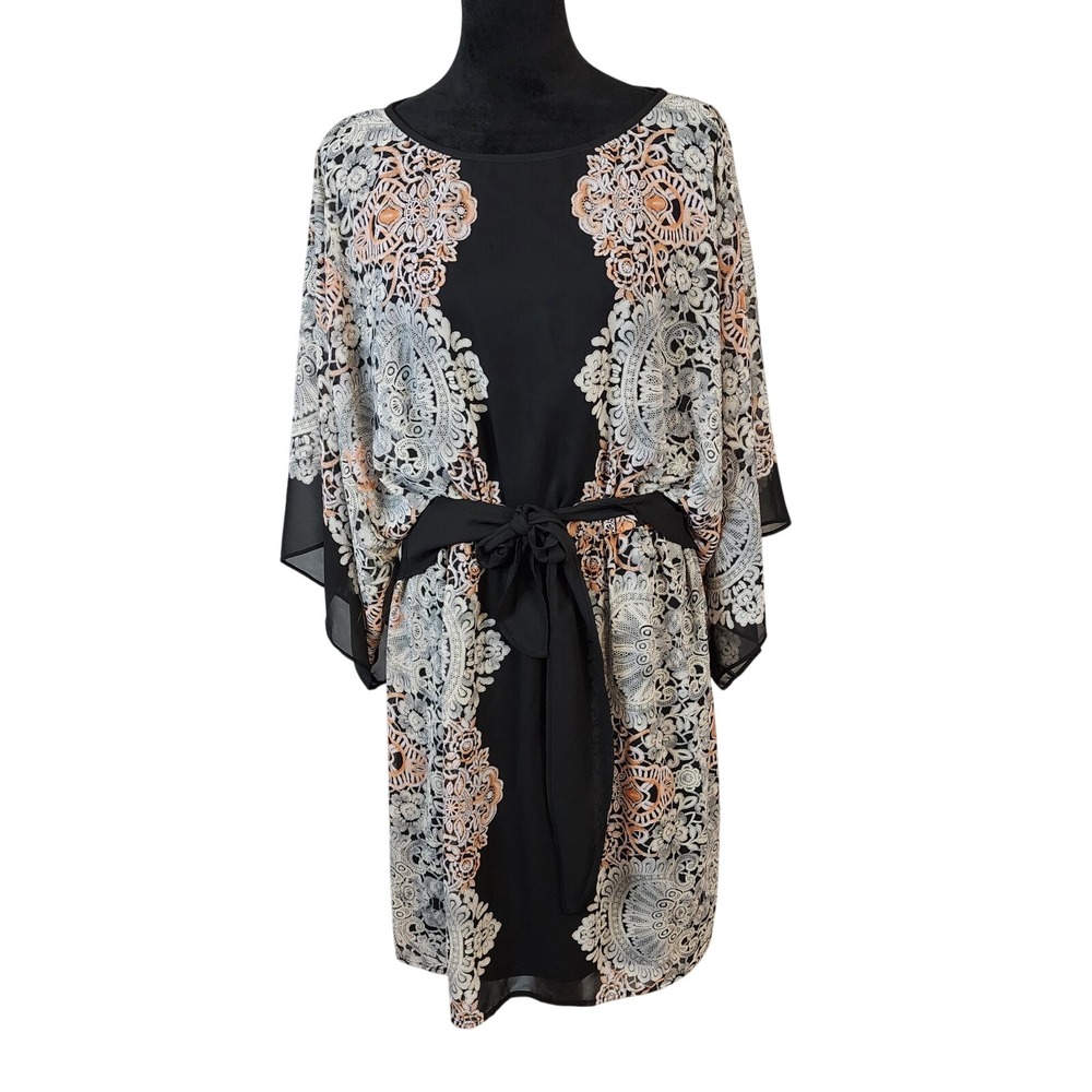 AGB Dress Size 12 Blouson Kimono Sleeve Tie Waist Multicolor Vacation Dress EUC